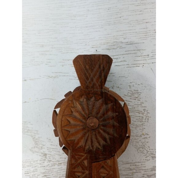 Vintage Antique Hand Carved Wood Etched Folk Art Ornate Hand Held Nutcracker 8" - Picture 3 of 9